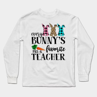 Every Bunny's Favorite Pre-K Teacher Leopard Buffalo Bunny Easter Day Long Sleeve T-Shirt